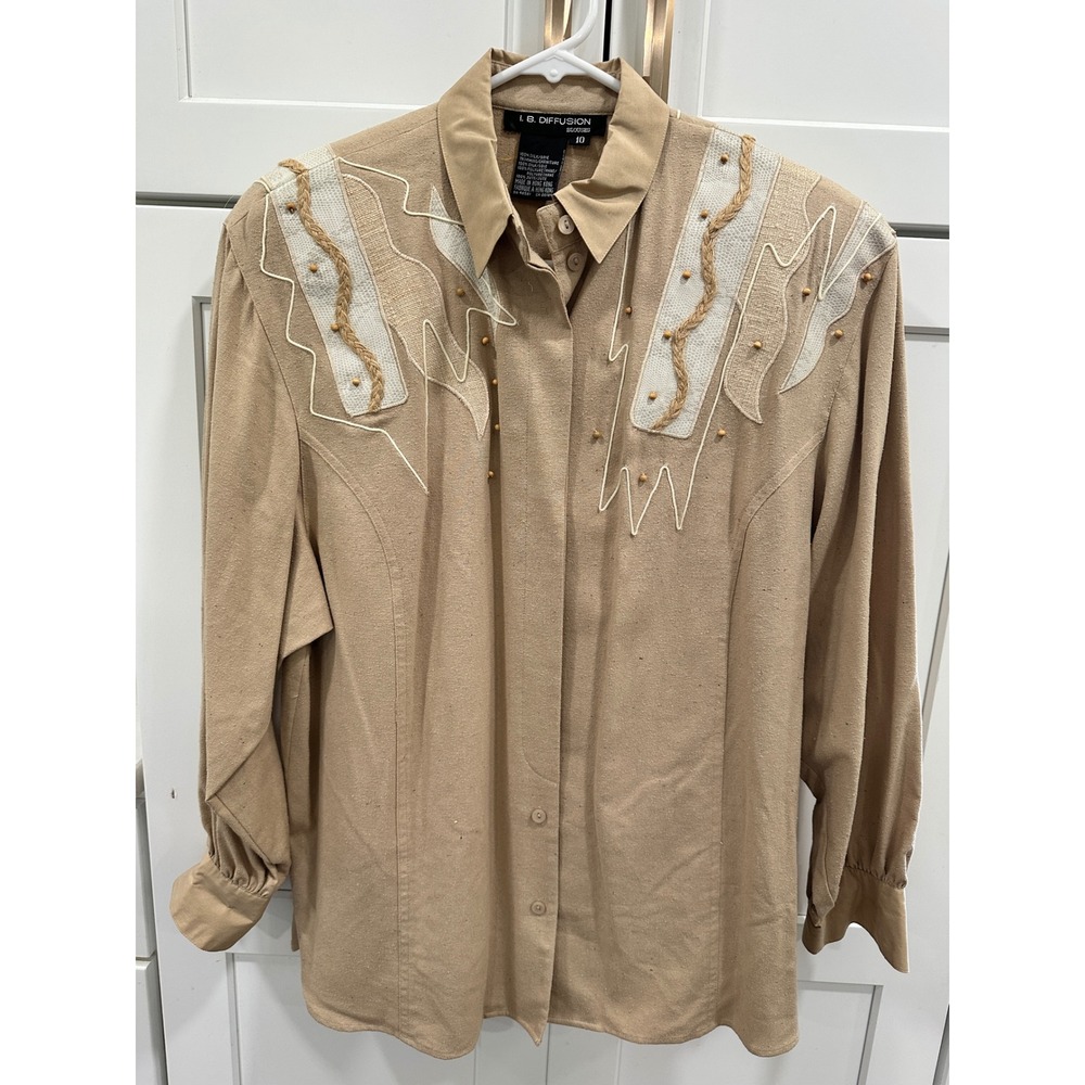 IB Diffusion Vintage Silk Western Blouse Tan Embellished Jute Bead Detail Sz 10